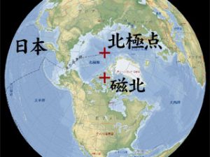 図３　磁北と北極点と日本　地図：Microsoft Encarta 2004